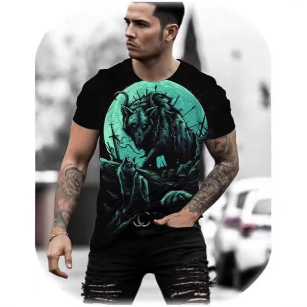 Men's retro 3D animal print short-sleeve t-shirt on a hanger, showing bird eye cloth fabric.
