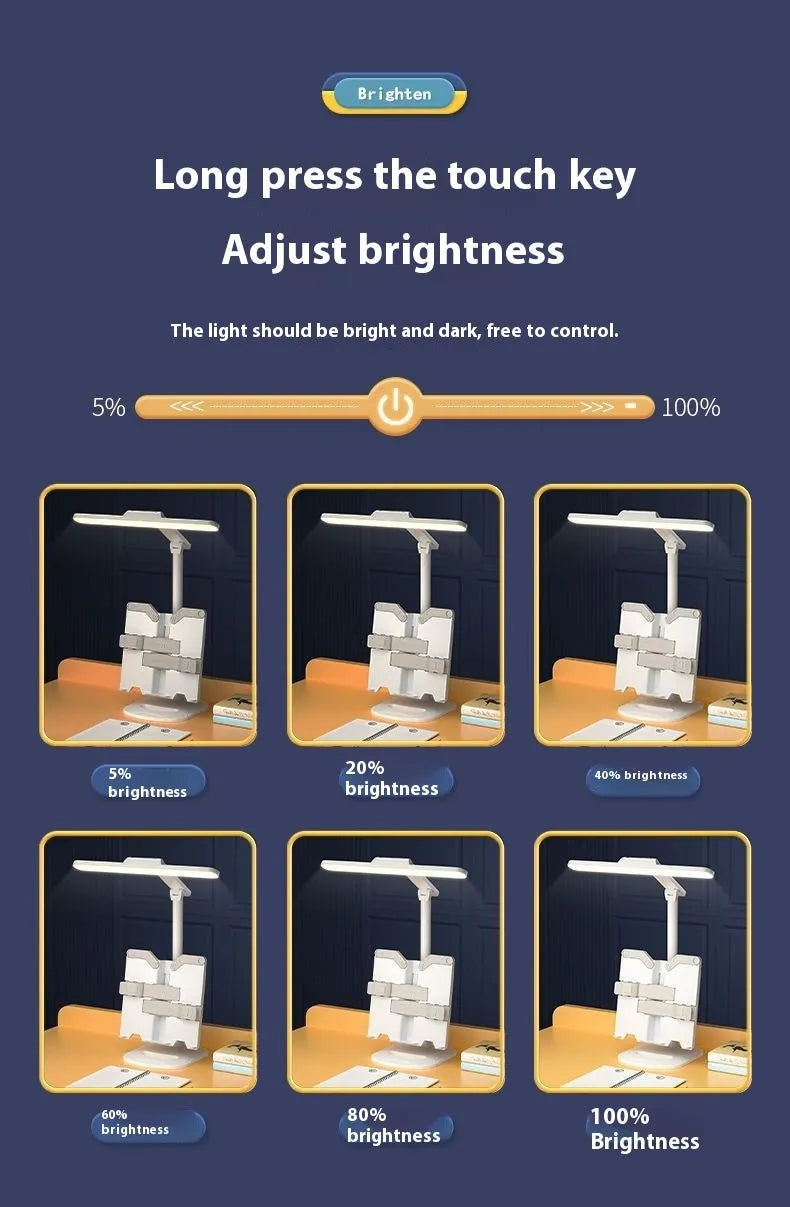 Adjustable desk lamp with integrated bookshelf showing three light colour settings and a charging cable.