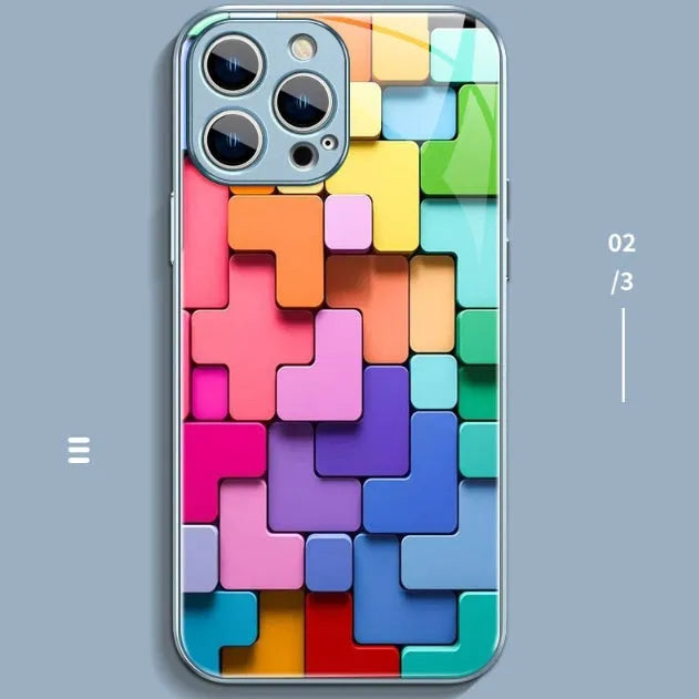Colourful cartoon geometric design silicone back cover case for iPhone 14 Pro Max on a table.