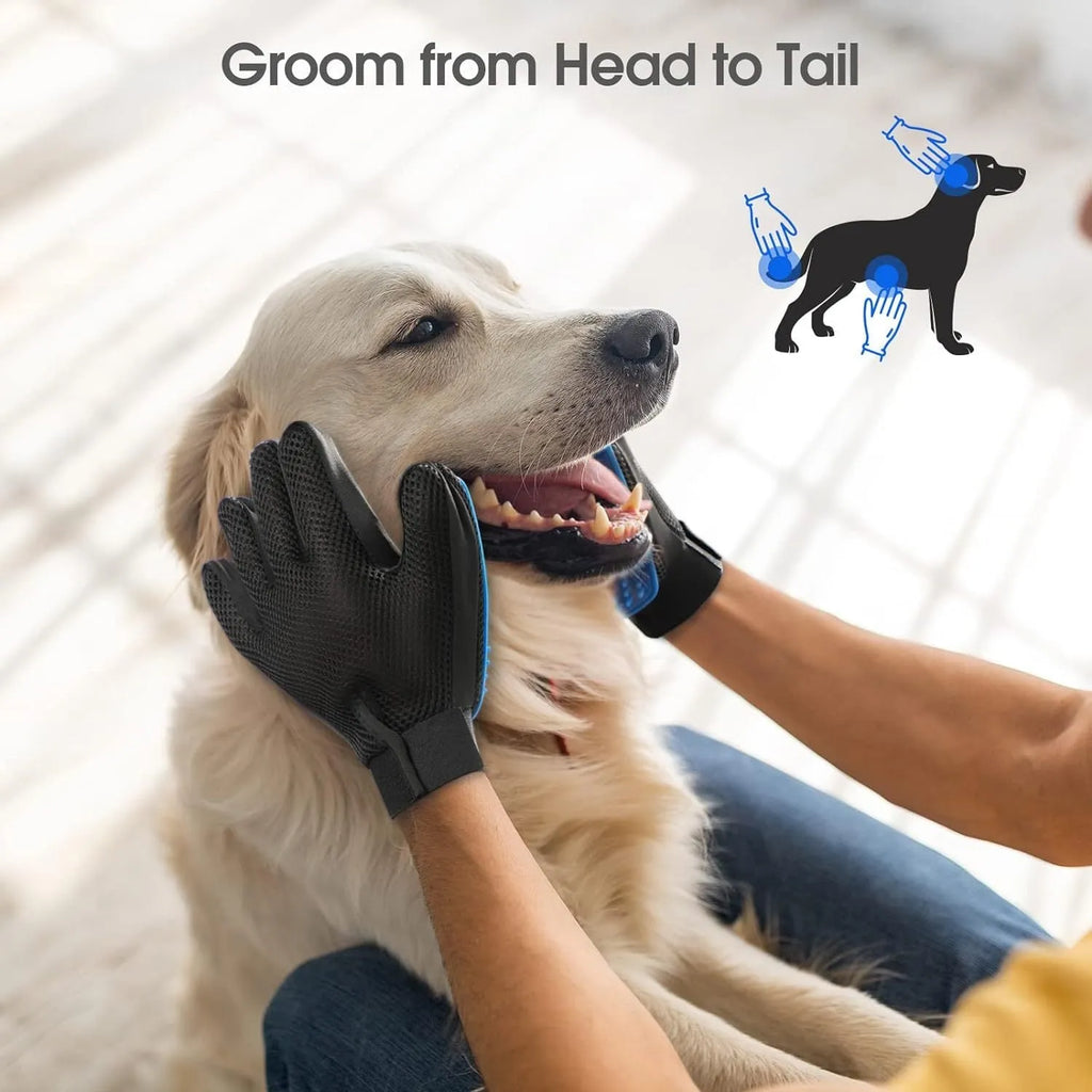 Blue pet grooming gloves with silicone massage tips for dogs and cats