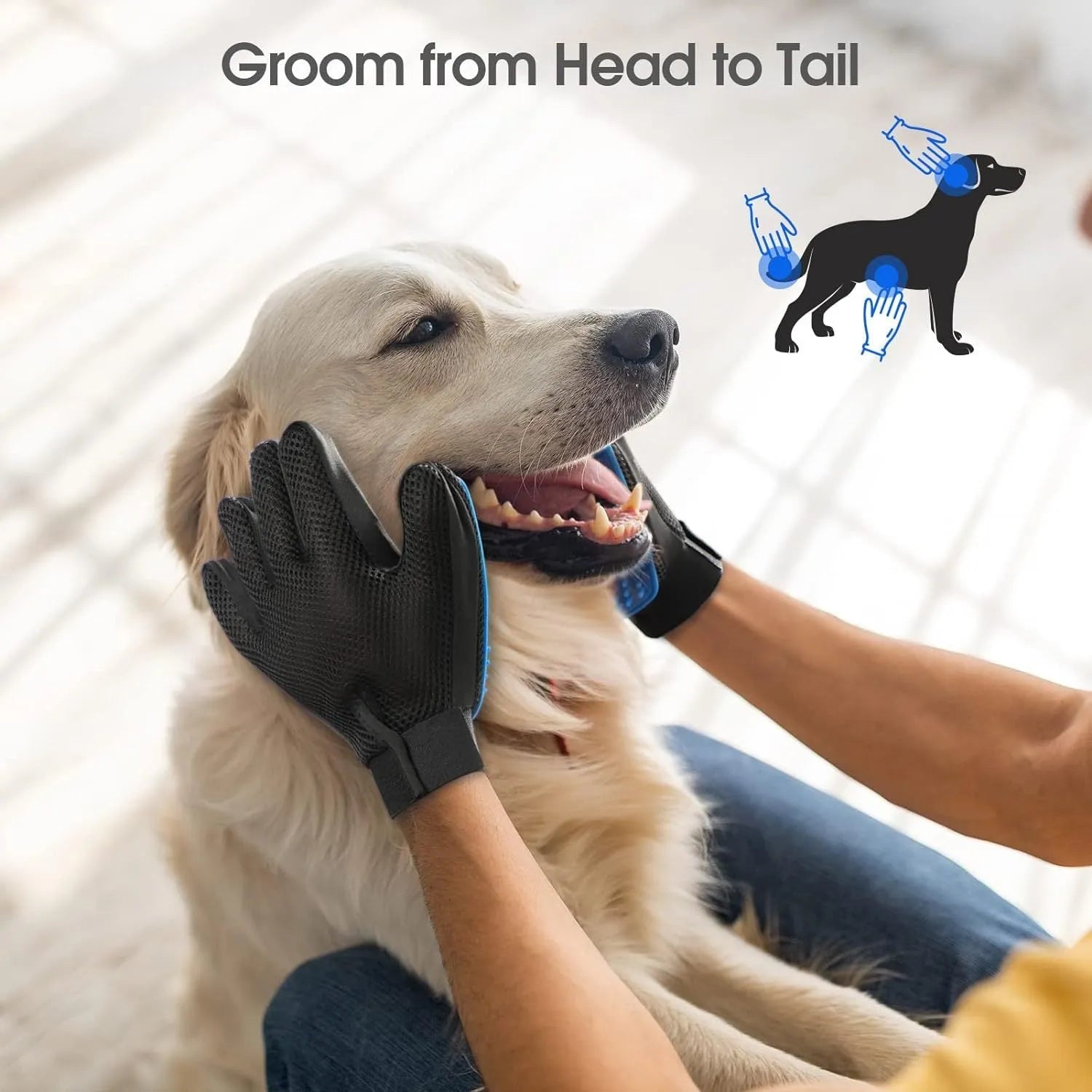 Blue pet grooming gloves with silicone massage tips for dogs and cats