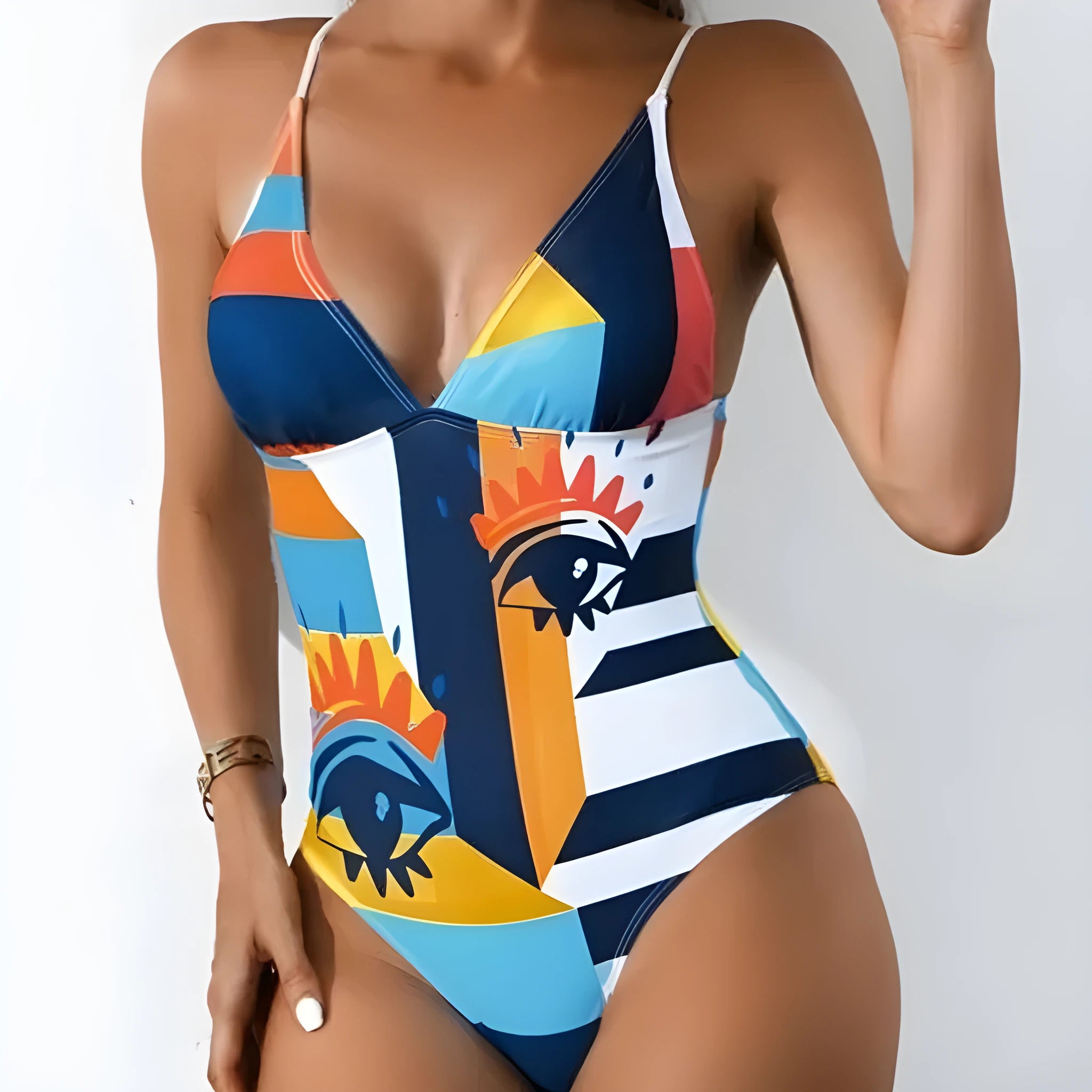 Plus size women's solid colour printed bikini swimsuit with backless design