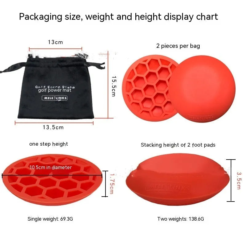 Orange-red golf training mat with weighted centre for swing practice