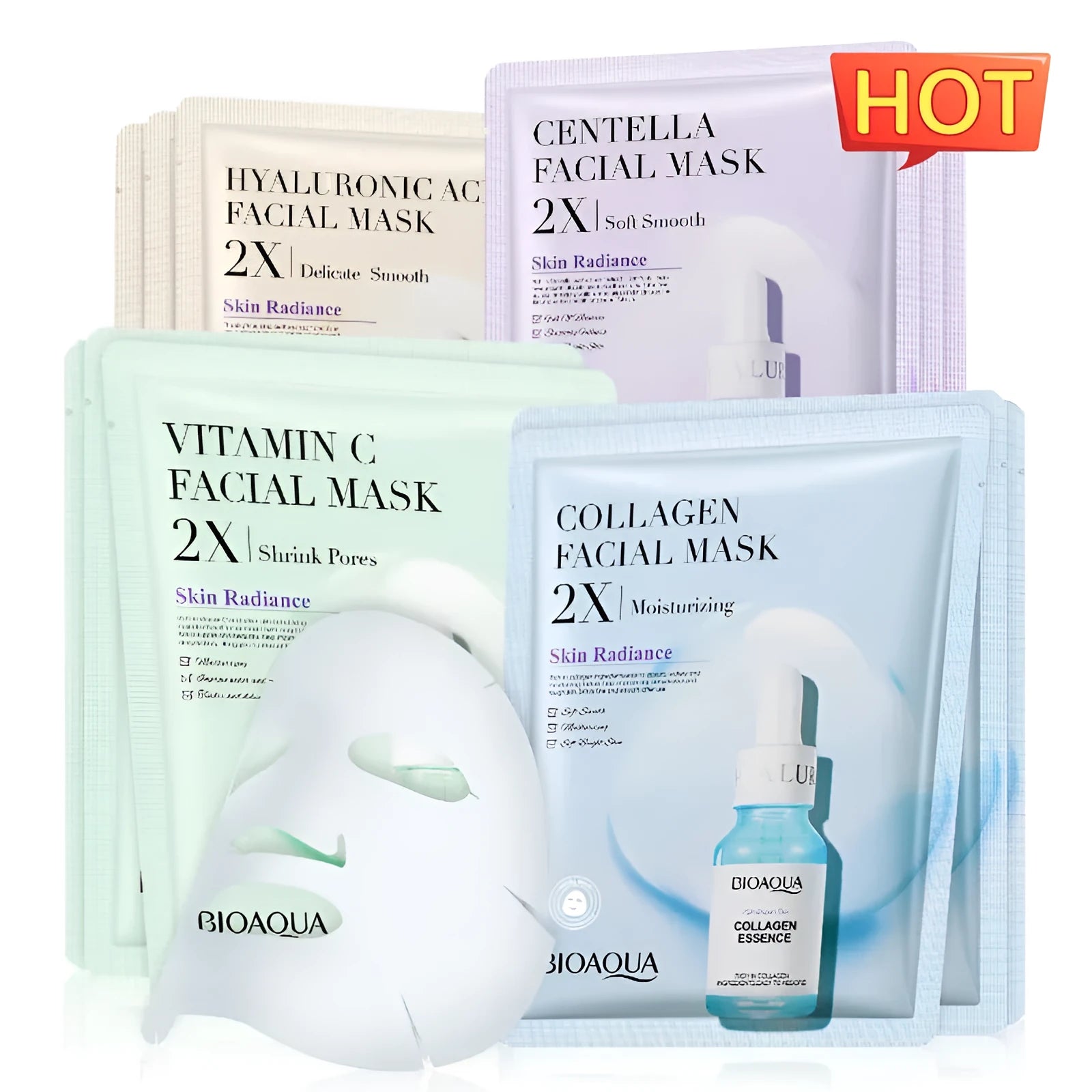 Single 30g collagen and hyaluronic acid gel sheet facial mask on a blue background.