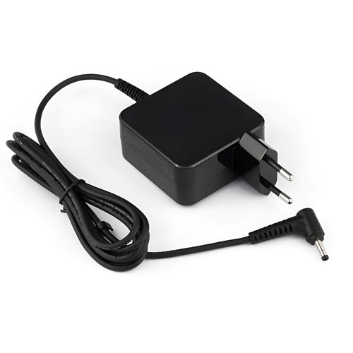 Black 45W laptop power adapter with US plug for HP laptops showing dimensions