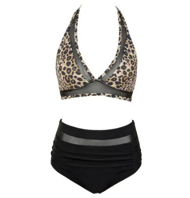 Women's polyester fibre bikini swimsuit with separate top and underwear in black, rose red, or leopard print