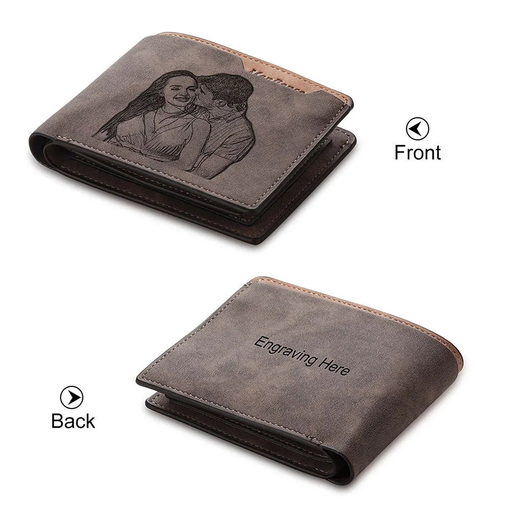 Engraved coffee-colour horizontal PU wallet showing custom photo personalisation.