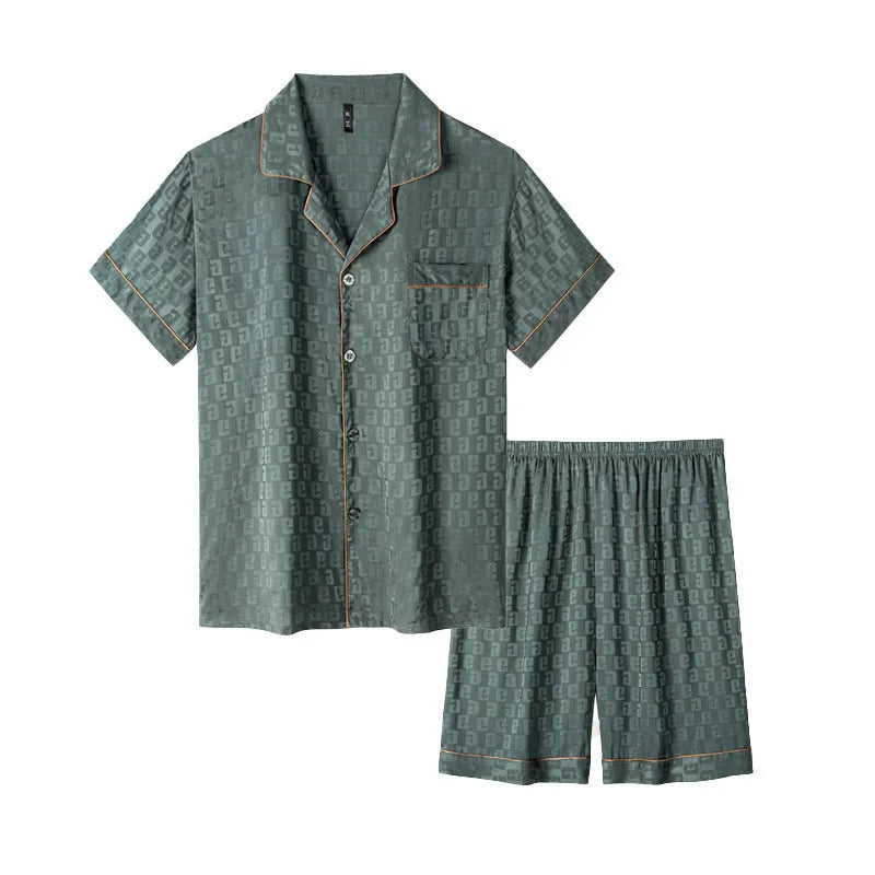 Men's ice silk pajama set in a blue houndstooth pattern, showing cardigan top and shorts.