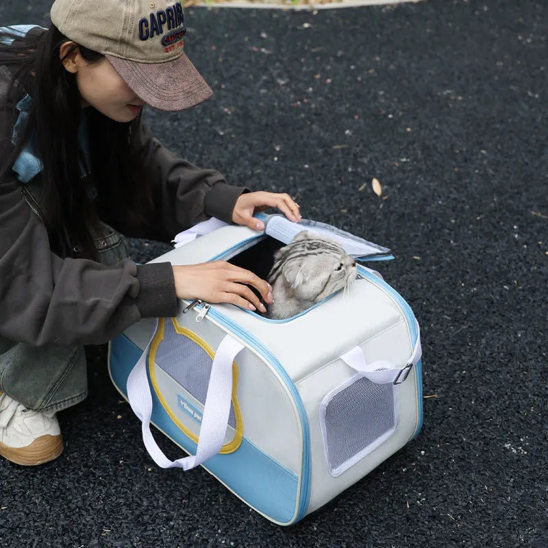 Outdoor portable foldable cat backpack in Oxford cloth, showing large capacity and breathable design.