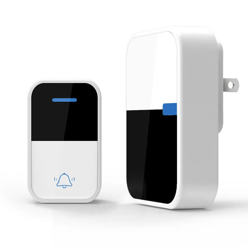White plastic self-generating wireless doorbell with receiver and transmitter units showing modern design