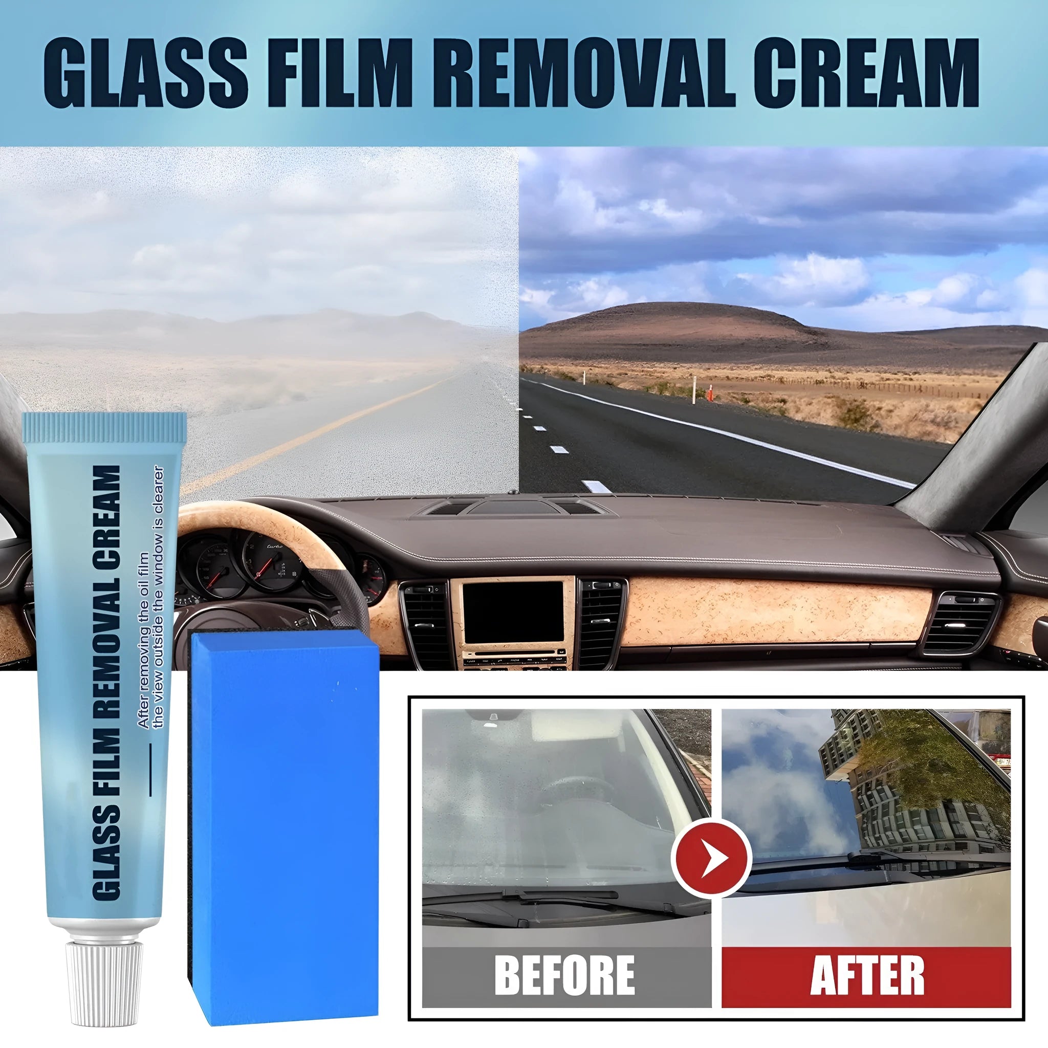 Blue car glass oil film remover with soft sponge applicator for decontaminating windscreens and windows.