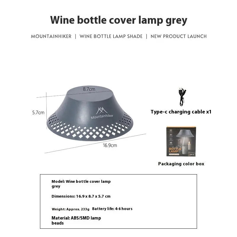 Camping lantern with wine bottle shade design in beige colour showing USB-C charging port