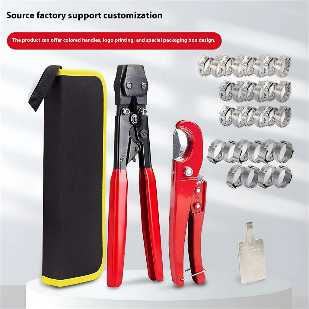 Metal PEX clamp tool set with carbon steel cutting edge and red cloth clamp