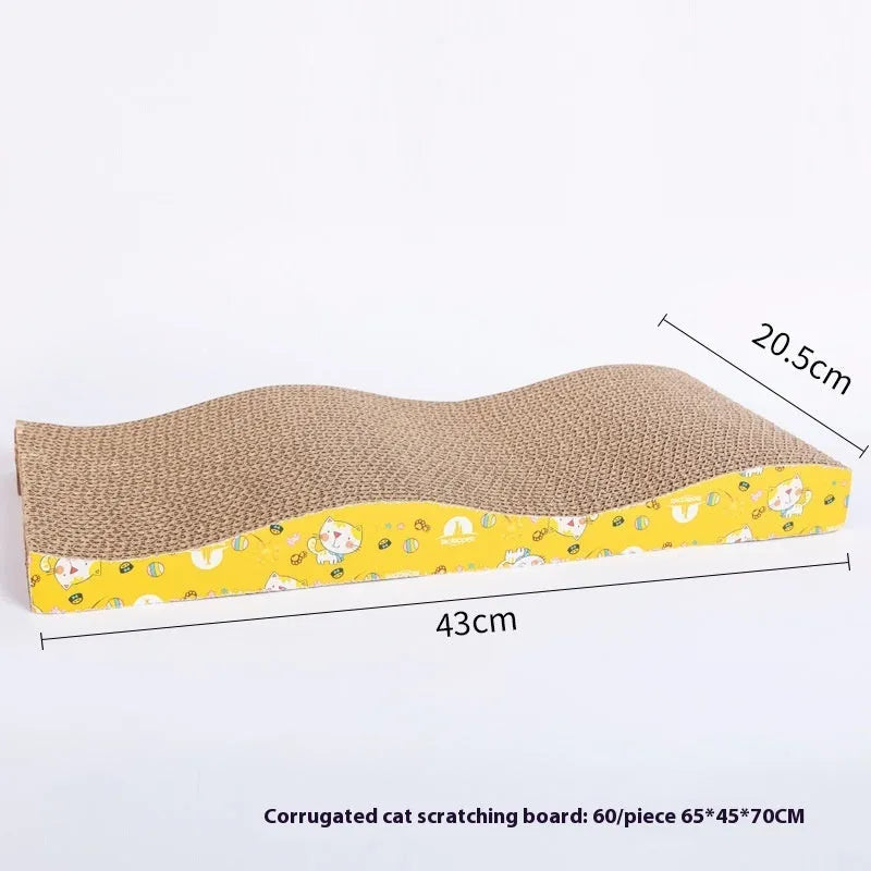 Corrugated paper cat scratch board with leather border in one of seven available styles.