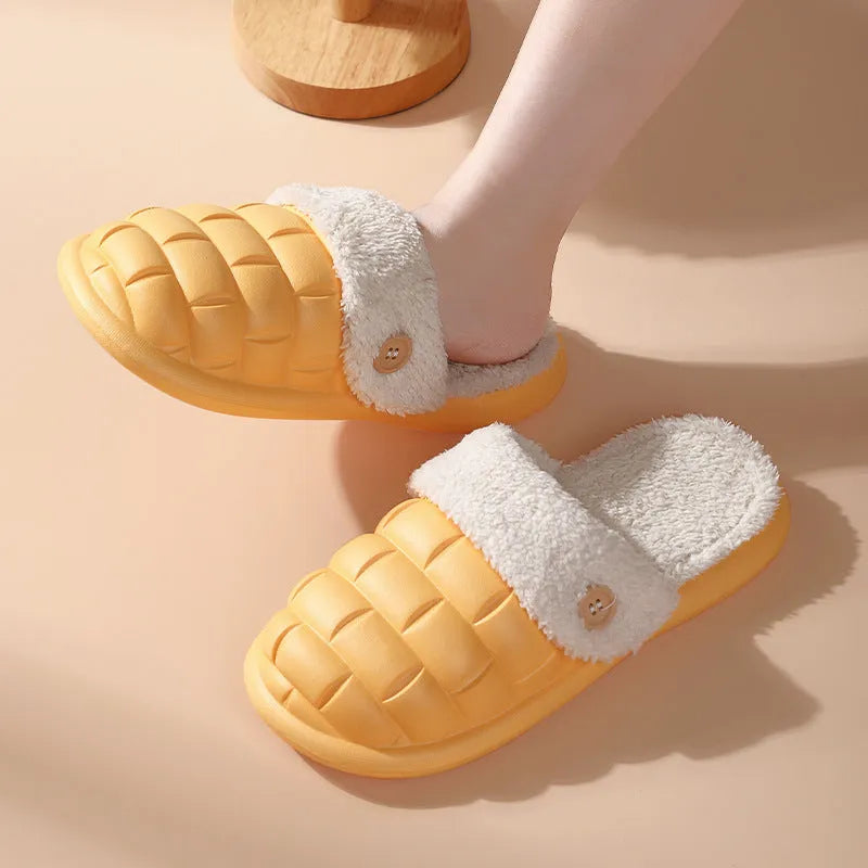 Pair of pink EVA detachable slippers with plush lining and textured anti-skid sole.