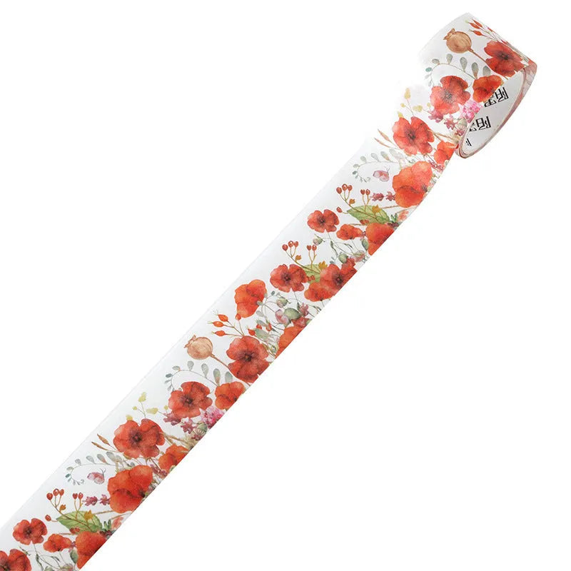Roll of Japanese paper washi tape with vintage floral watercolour design showing width measurement