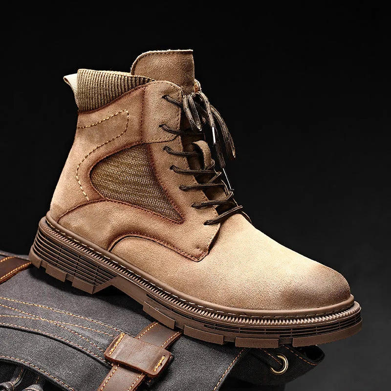 Men's vintage Martin boots in black, grey or sand colour with round toe and low thick heel