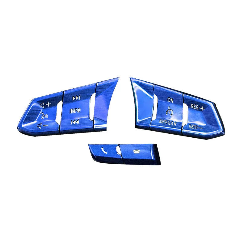 Atz modified vehicle steering wheel decorative sticker set showing aluminum alloy hollow button styles in brushed red, silver, and blue finishes