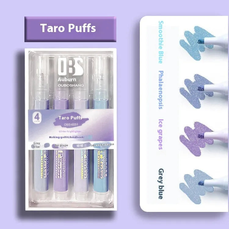 Set of four glitter highlighter pens with slanted tips showing six glitter ink colours including taro puff and mung bean smoothie