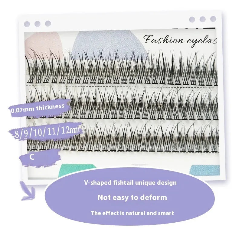 Black V-shaped fairy fishtail false eyelashes with thick segments on a clear background.