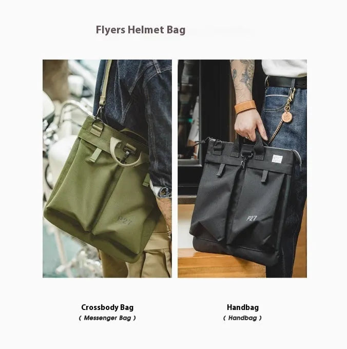 Marden Tooling charcoal black nylon canvas messenger bag with shoulder strap shown open.