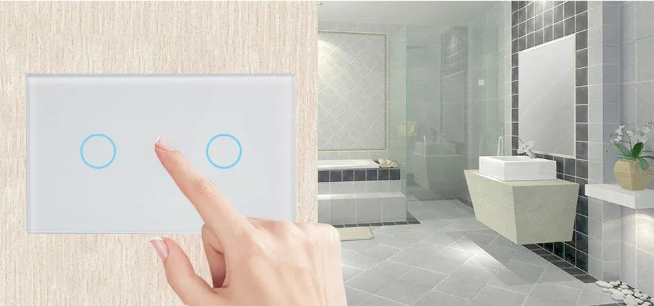 2-gang RF remote control touch light switch with tempered glass panel in white, black or gold finish