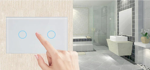 2-gang RF remote control touch light switch with tempered glass panel in white, black or gold finish