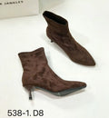 Women's black pointed toe ankle boots with stiletto heel and mid-calf height