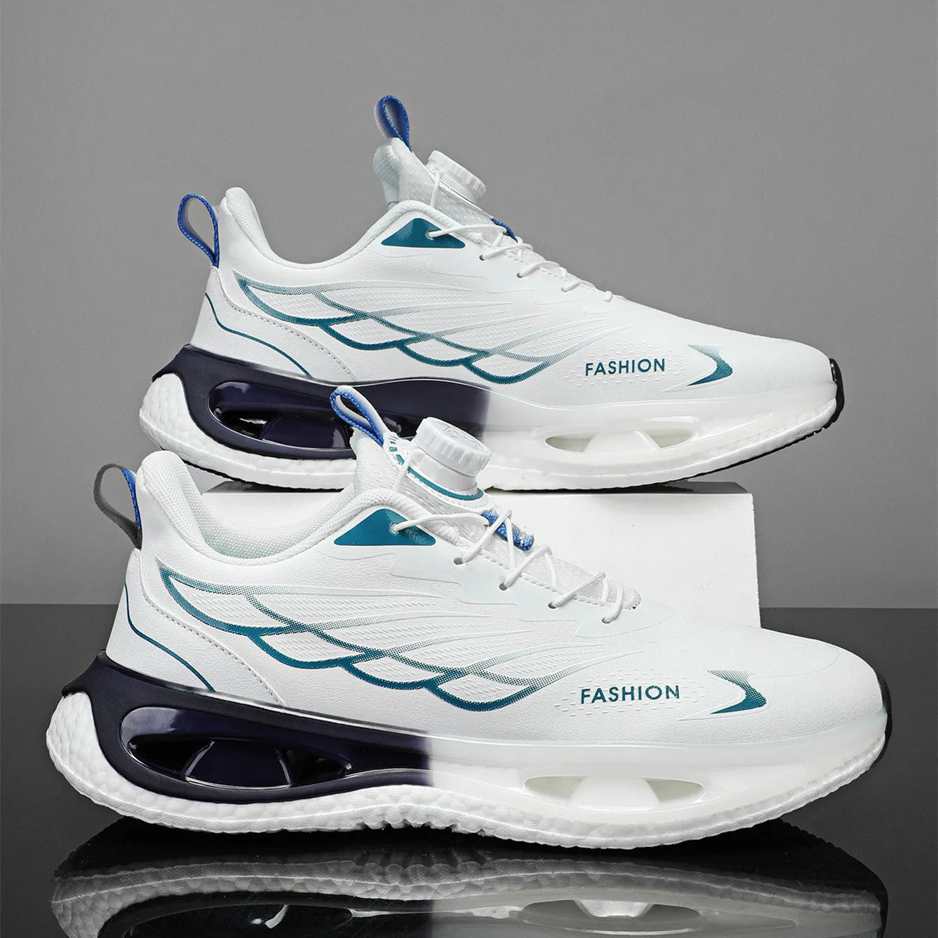 Men's low-top sneakers with a rotating button fastening, shown in light blue mesh and black leather options.