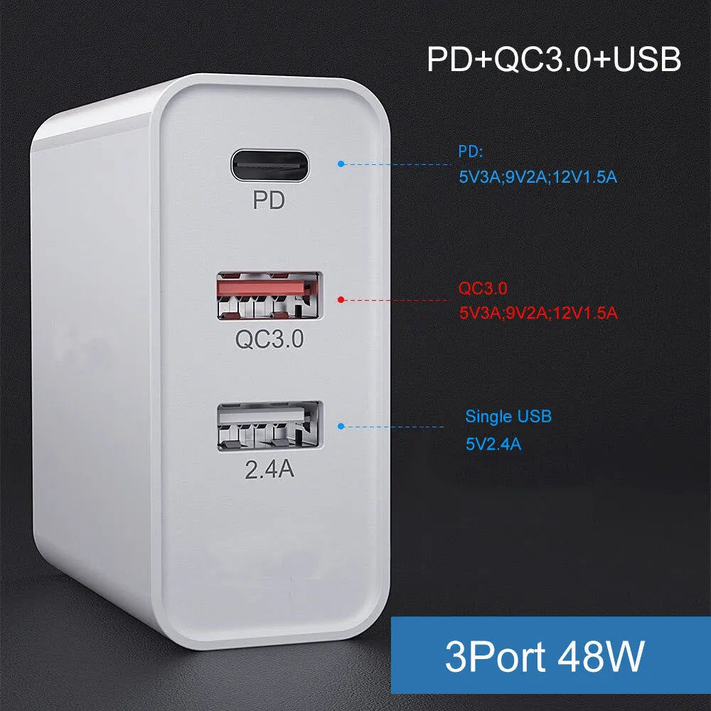 White 4-port fast charger with PD and QC technology showing UK plug