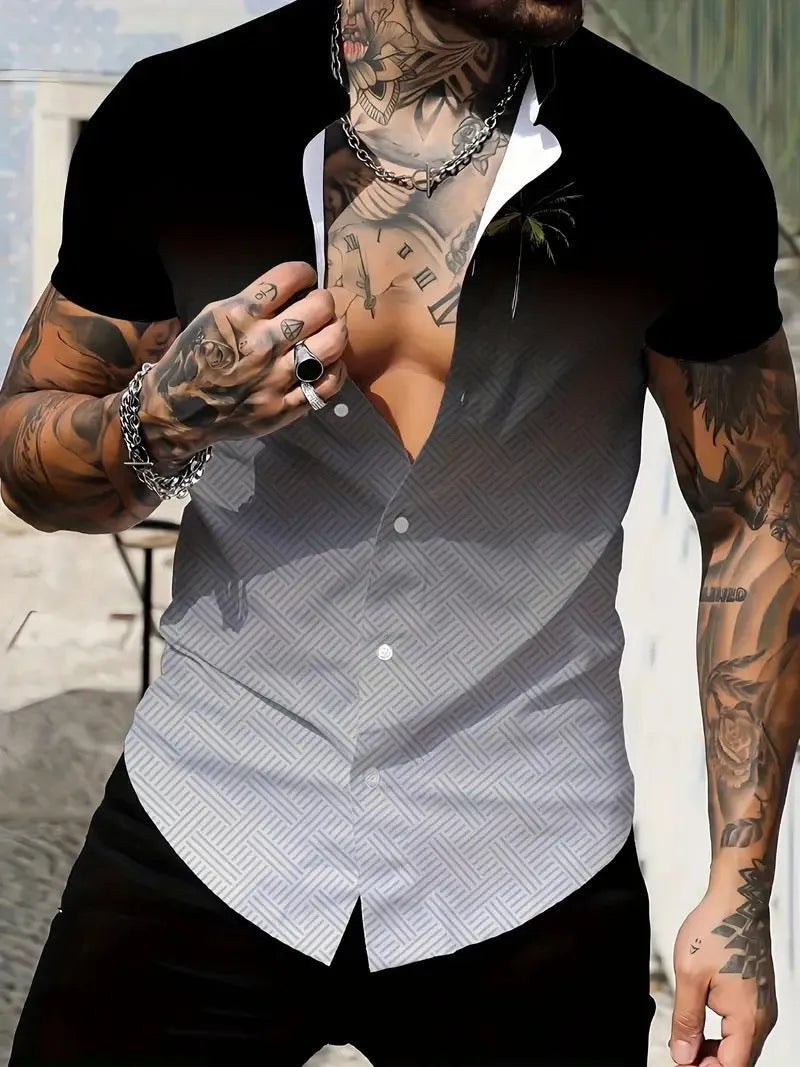 Men's slim fit geometric print lapel shirt in polyester fabric with short sleeves
