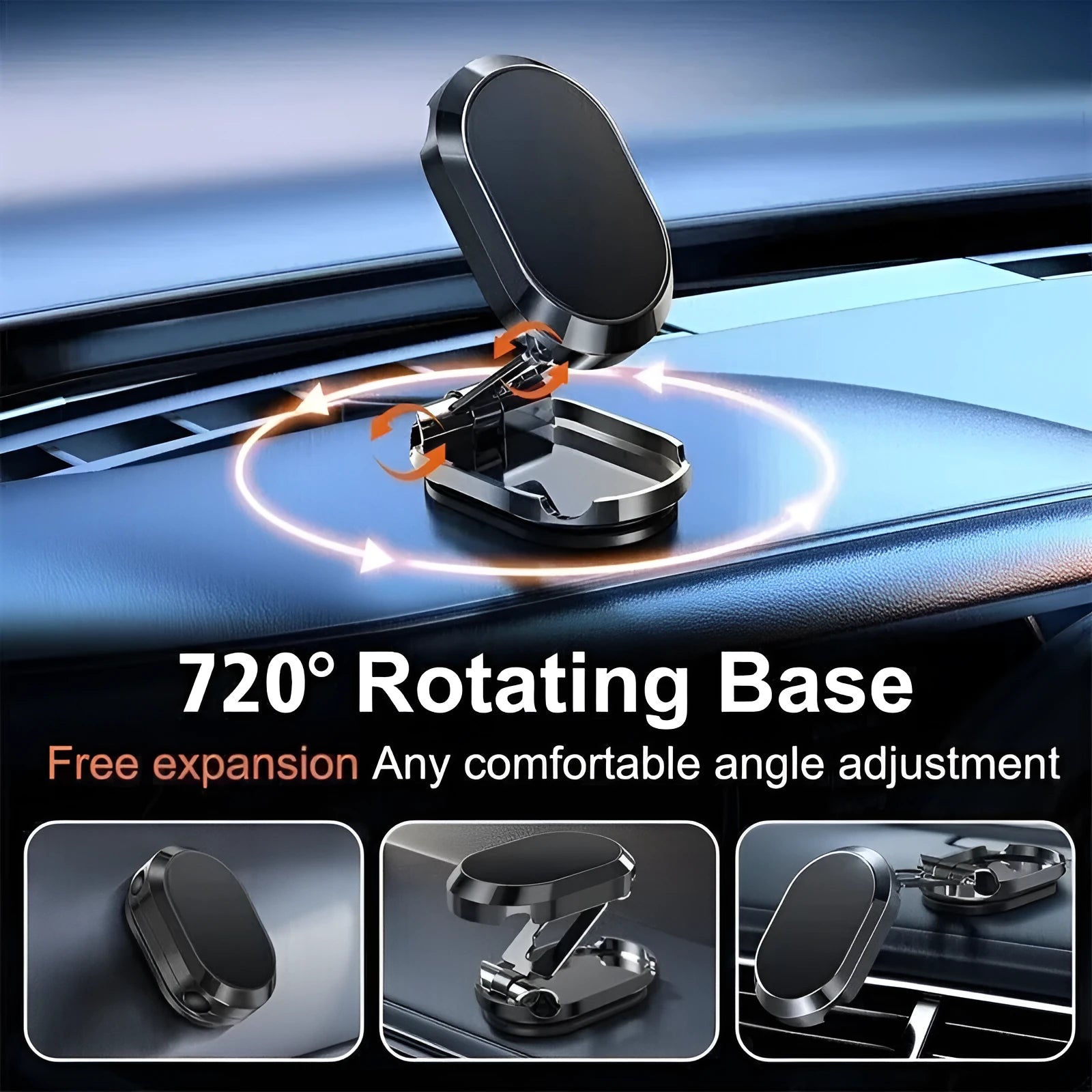 Chrome folding magnetic car phone holder with 360-degree swivel on car dashboard