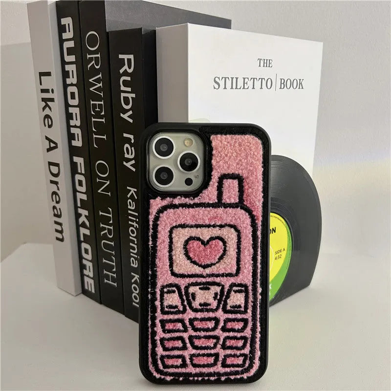 Pink TPU iPhone case with embroidered towel design for iPhone 11-15 models