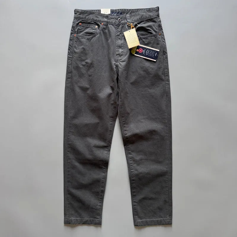 Men's straight-leg casual cotton trousers in army green, shown laid flat.