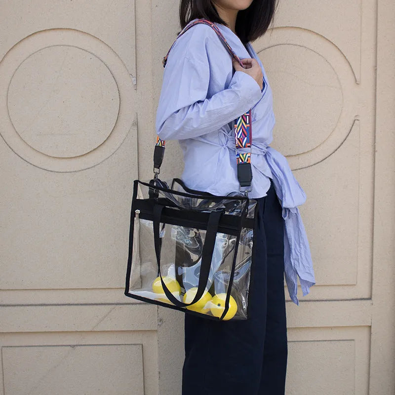 Women's transparent PVC shoulder messenger bag with double straps and side net pocket