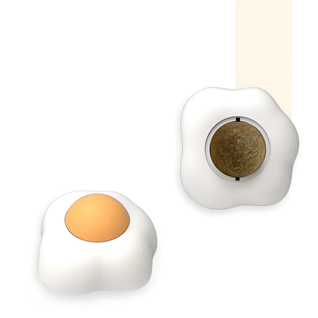 Organic catnip ball toy in fried egg and poached egg designs with wall mount capability