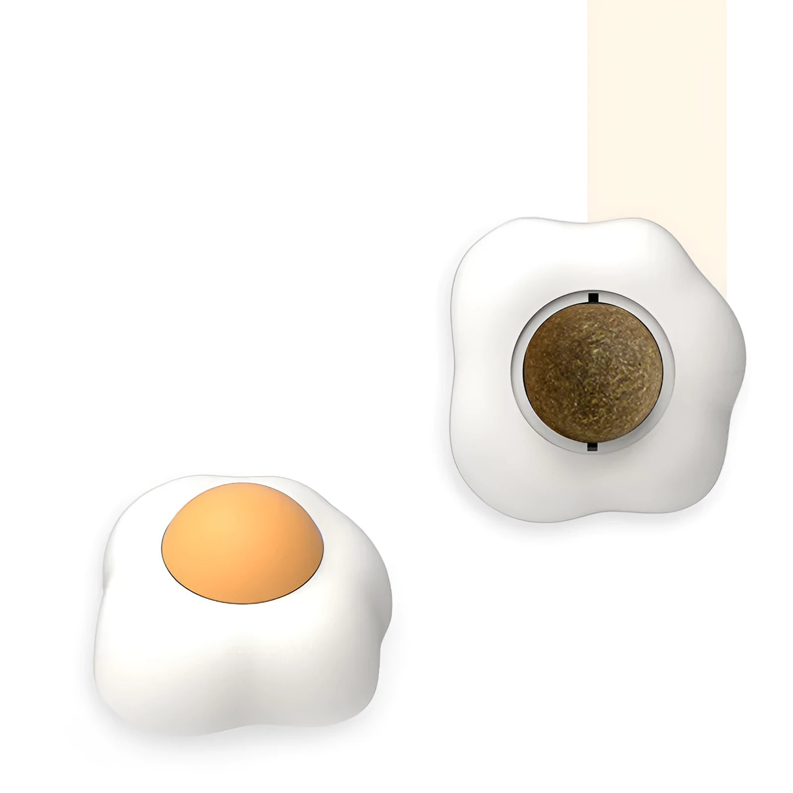Organic catnip ball toy in fried egg and poached egg designs with wall mount capability