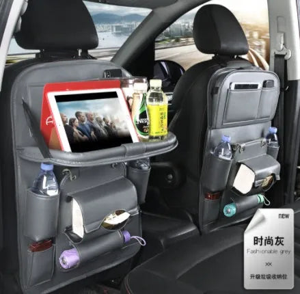 PU leather car seat back organiser bag in multiple colours with storage pockets and built-in trash can