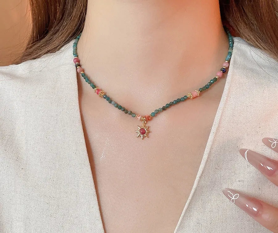 French royal style freshwater pearl necklace with stone sun pendant on 41-50cm clavicle chain
