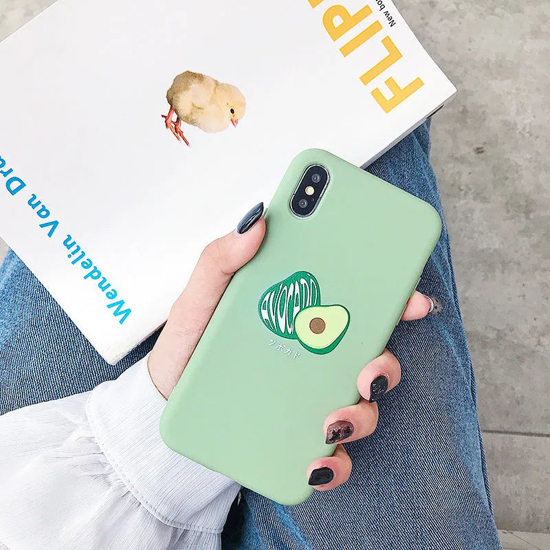Green avocado cartoon design on a flexible black TPU phone back cover case.