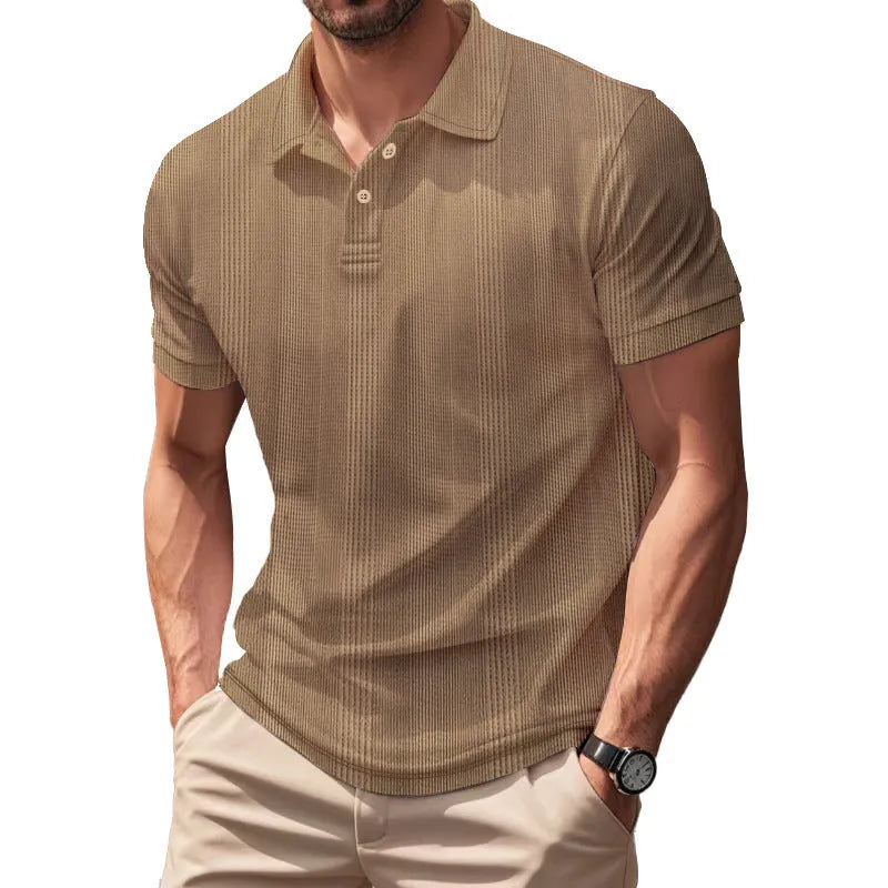 Men's short sleeve polo shirt with simple British style collar in loose fit, available in multiple colours including light gray and khaki