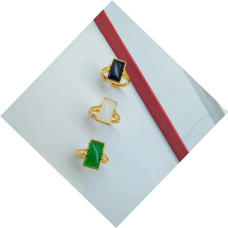 Adjustable brass gold-plated ring with long gemstone in national style design