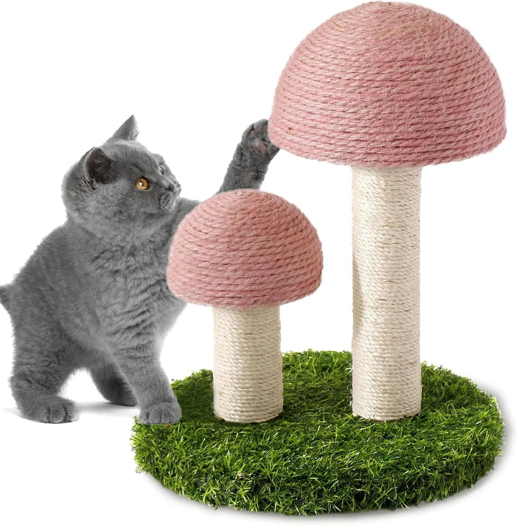 Pink mushroom-shaped cat scratching post made from natural sisal fibre with sturdy base for small cats