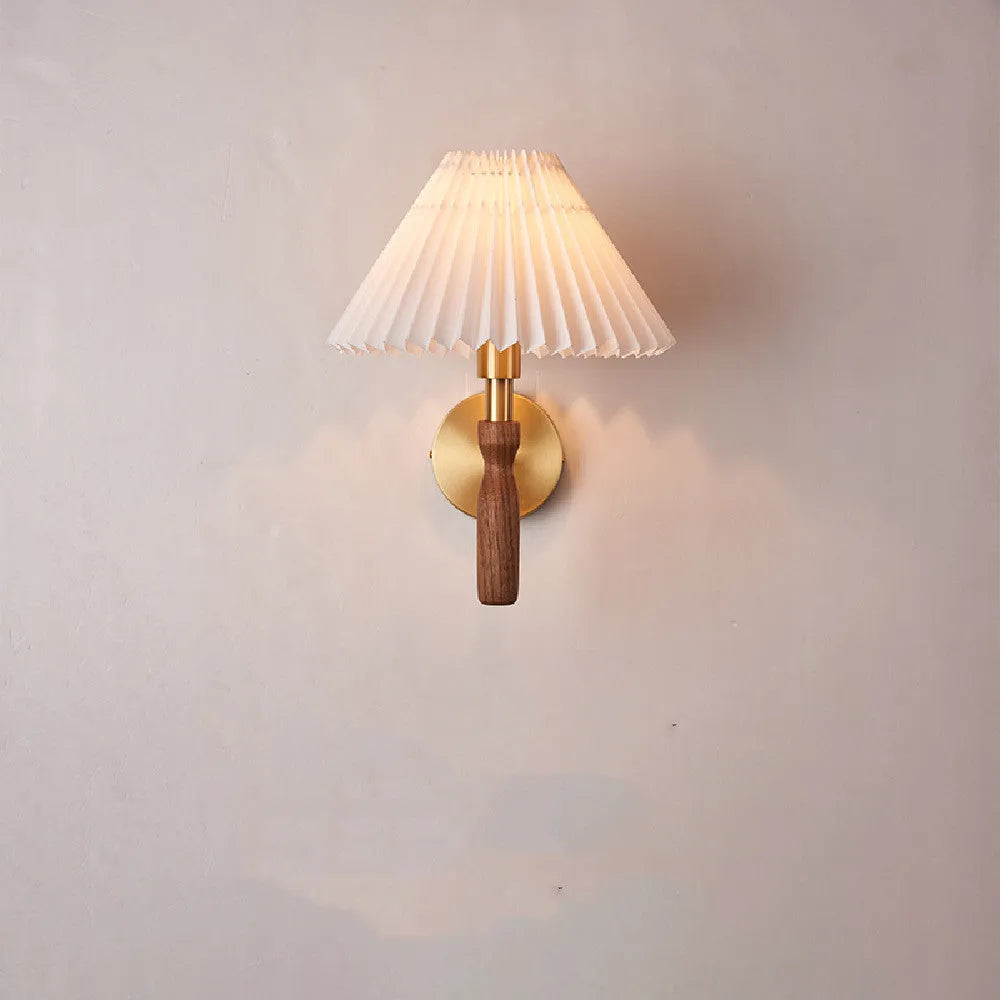 American retro walnut wood wall lamp with fabric shade in bedside setting