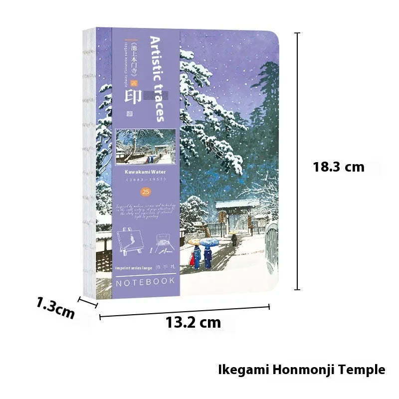 Hardback Ukiyo-e series hand ledger notebook with retro Japanese print cover, open to show 100g paper pages.