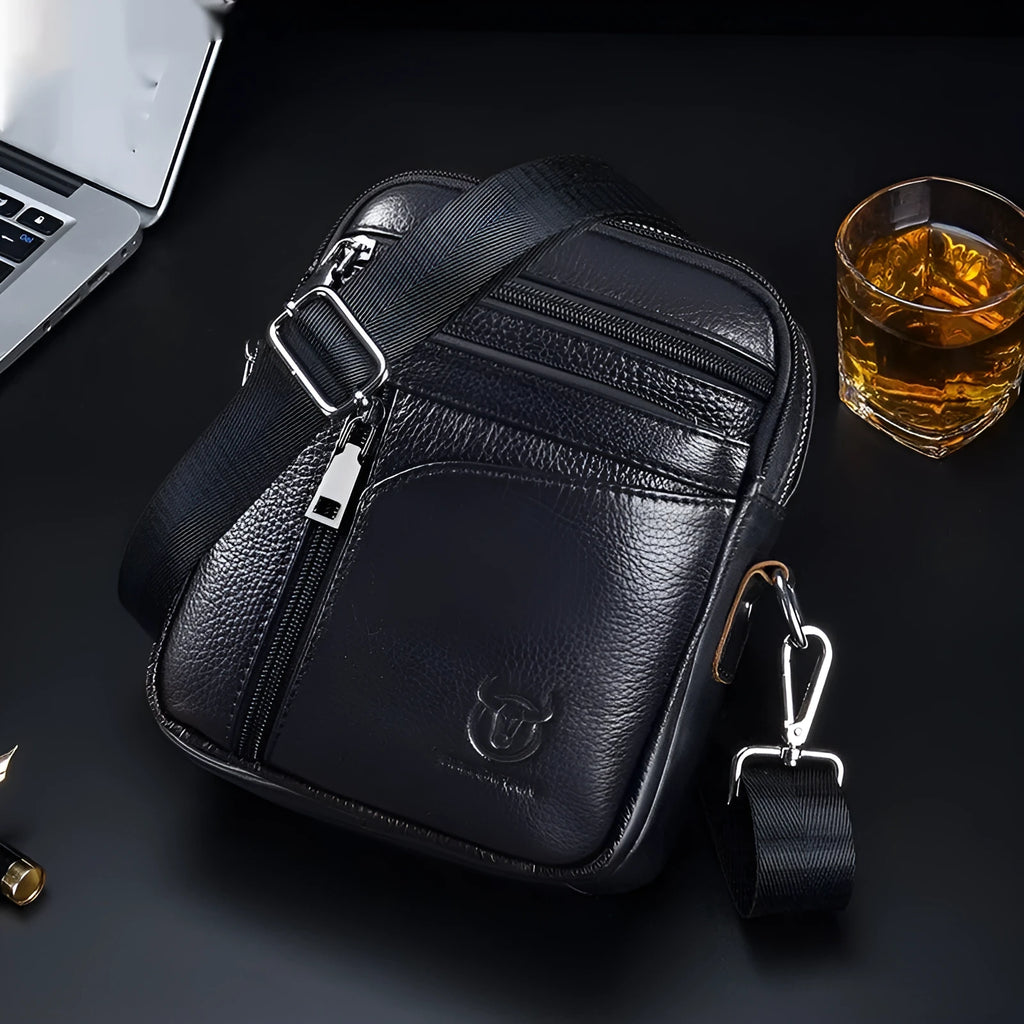 Black genuine leather mens shoulder messenger bag with European retro styling