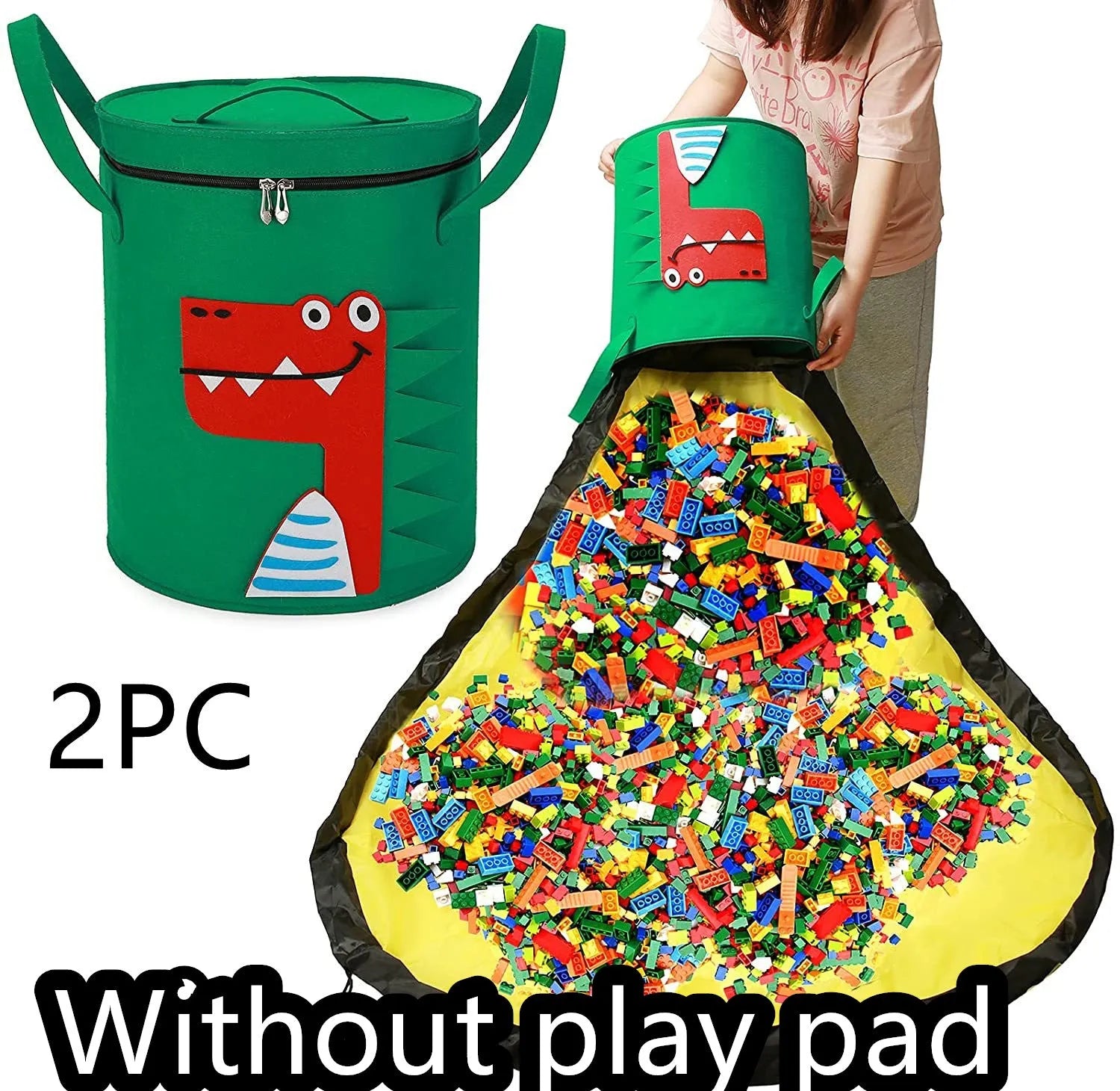 Green felt cube storage bag open as play mat with pull rope closure for toy organisation