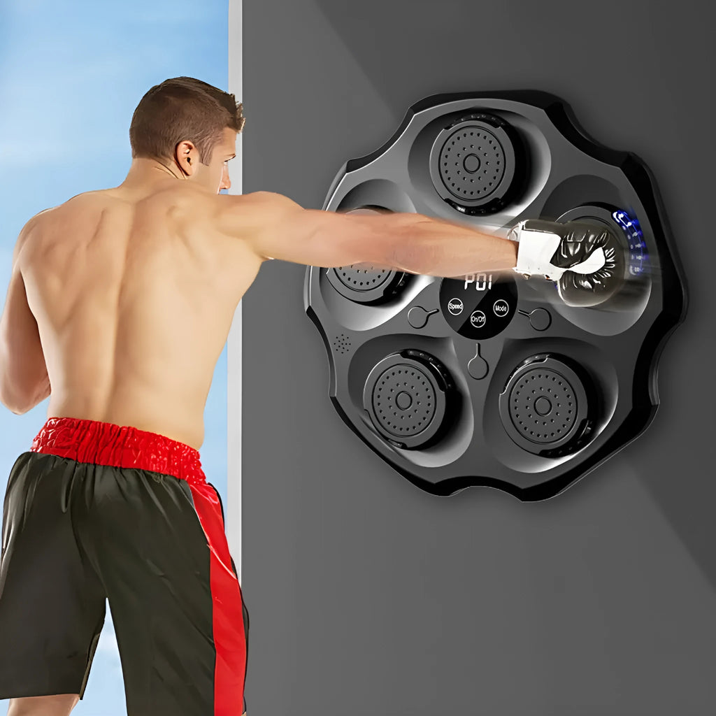 Wall-mounted boxing target with Bluetooth music recognition system and included gloves