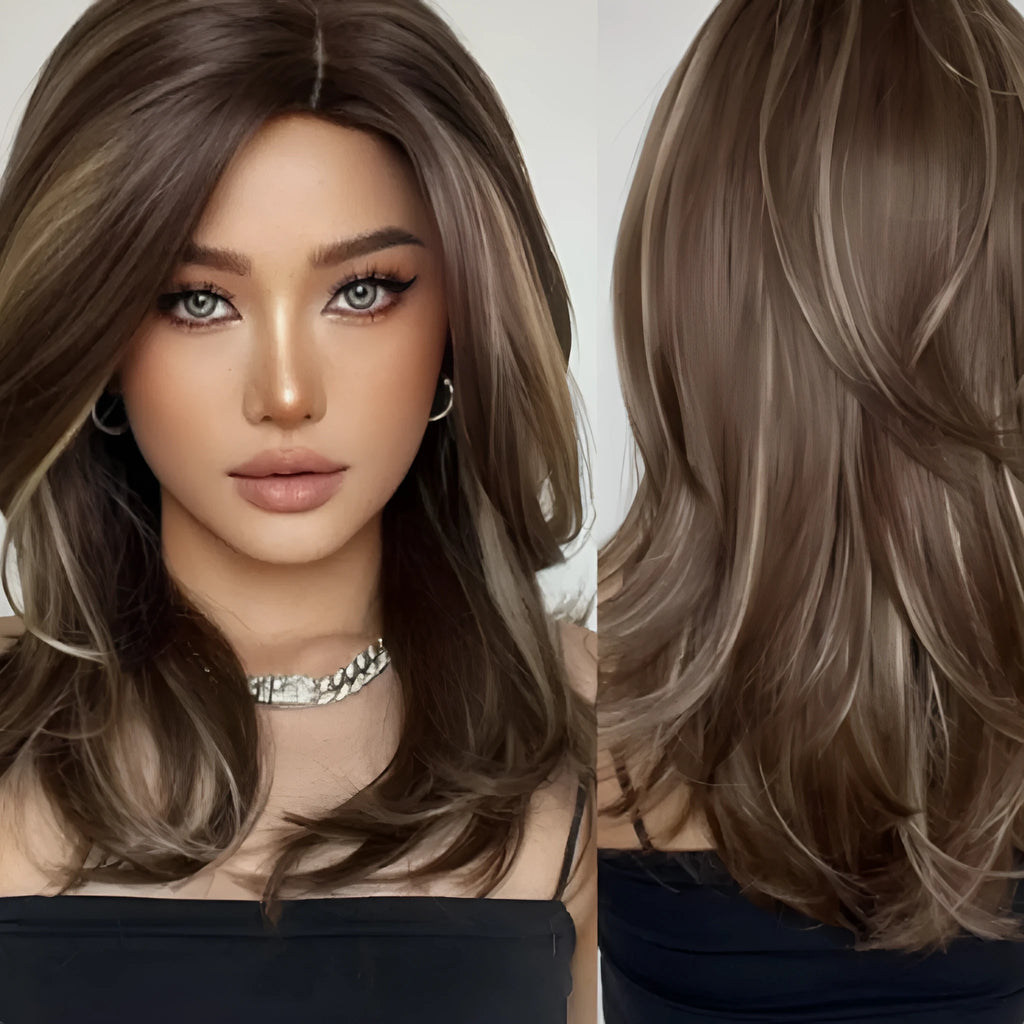 Mid-length curly synthetic wig with bangs in a wine red, brown, and white gold gradient colour.
