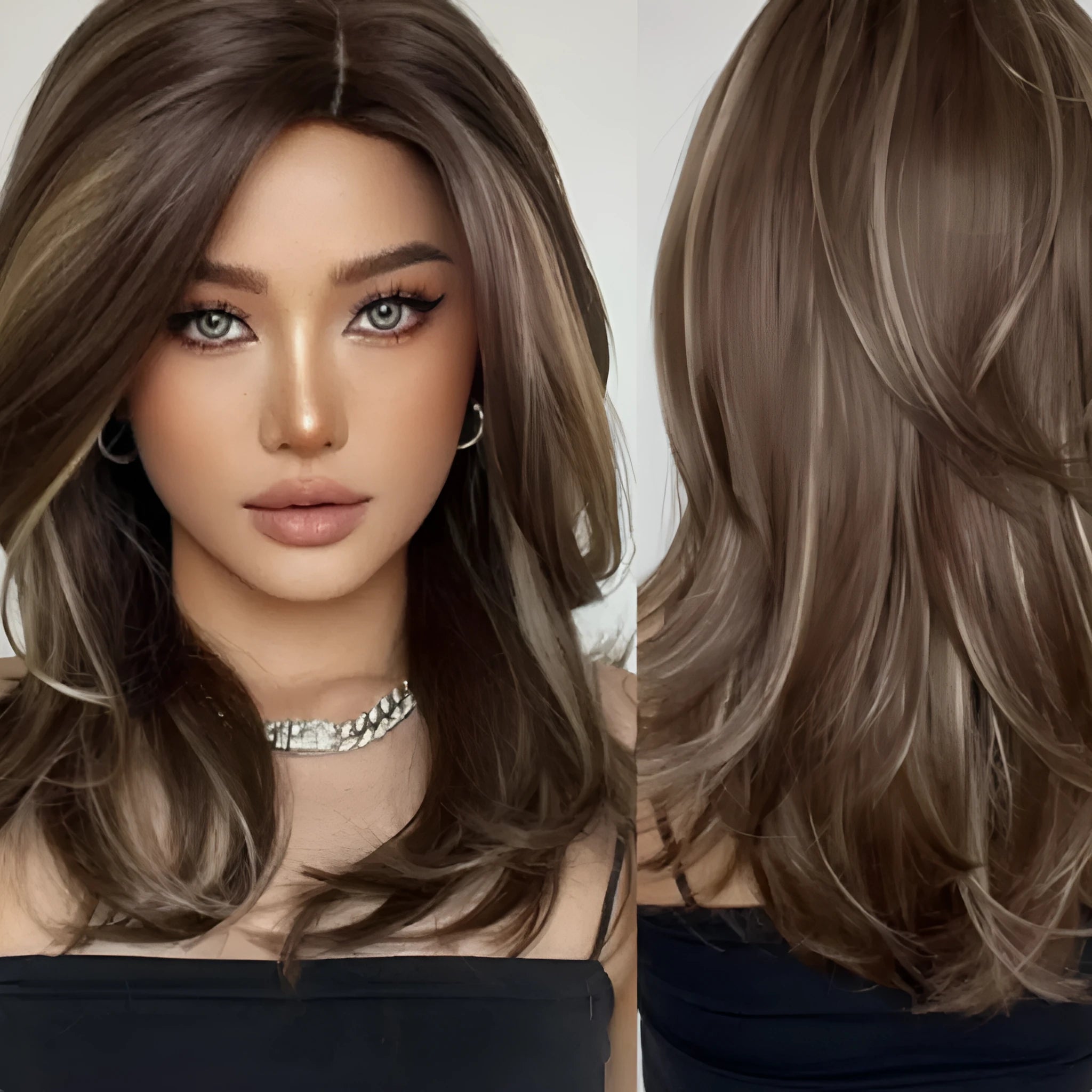 Mid-length curly synthetic wig with bangs in a wine red, brown, and white gold gradient colour.